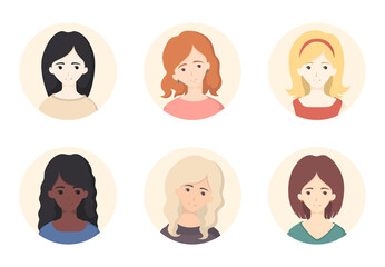 Collection of various portrait girls with different hairstyles and hair color isolated on white background. Vector illustration with round face avatars in flat style