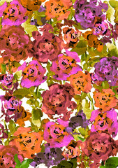 Hand drawn floral vertical rectangular template with color watercolor roses flowers 