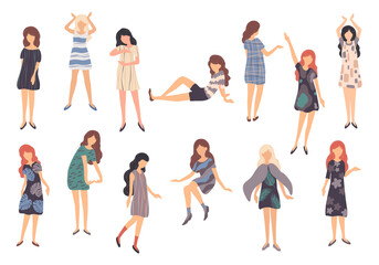 Obraz premium Collection of various young women in different clothes and poses isolated on white background. Vector illustration with people in flat style