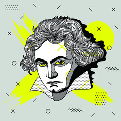 Ludwig van Beethoven. Vector illustration hand drawn.  Creative geometric yellow style. - obrazy, fototapety, plakaty