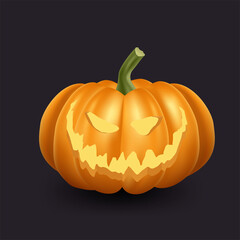 Realistic orange pumpkin icon. Halloween scary pumpkin with smile and happy face.