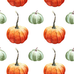 Seamless pattern with pumkins on white background. Watercolor illustration.