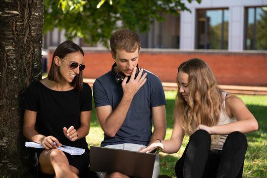 Three college students working together on a laptop under a tree in the park of the campus.