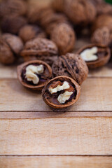 Walnuts  on a wooden table.
