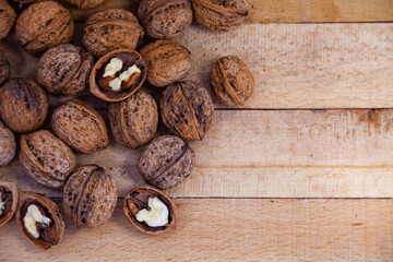 Walnuts  on a wooden table.