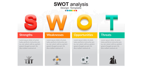 Four colorful elements with icons and place for text in Concept of SWOT analysis.