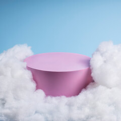 Pink podium with cloud on pastel blue background. Concept scene stage showcase, for product,...