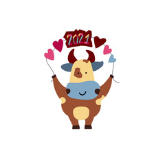 Vector illustration on the theme of the New Year. Bull picture with festive details. For a postcard, for a congratulation, a poster, a sticker.