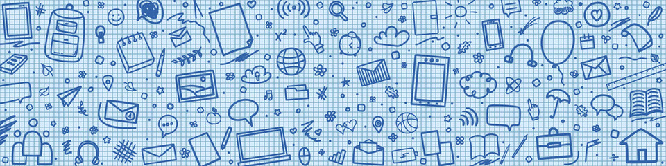 Back to school. Grid pattern with school supplies. Graphic paper background. Checkered texture