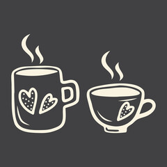 Set of two elements hand drawn cup of coffee and tea isolated on a dark background. Doodle, simple outline illustration. It can be used for decoration of textile, paper.