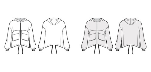 Zip-up hooded paneled track jacket technical fashion illustration with utility flap pockets, oversized, long sleeves, drawcord hem. Flat coat template front, back white, grey color. Women, men top CAD