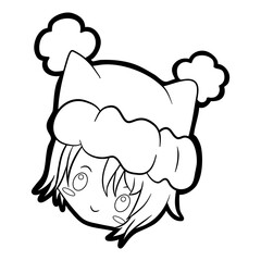 Cute cartoon boy with Christmas hat, icon, emoji element on white background. Doodle black line decoration for logo, coloring, card and any design. Vector illustration about holiday.