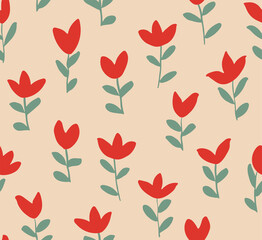 Minimal solid red flowers seamless vector pattern. Simple red flowers with green leaves forming an organic garden on peach color. Great for home decor, fabric, wallpaper, stationery, design projects.