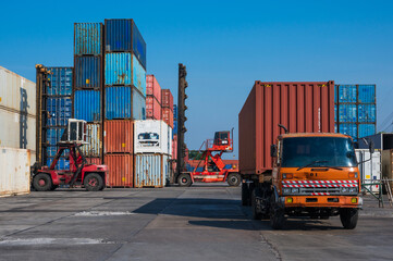 Stacking of Container cargo harbor. Business Logistics import export shipping concept.