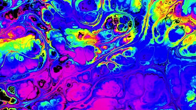 Moving random wavy texture. Psychedelic acid colors marbling animation. Looping footage.