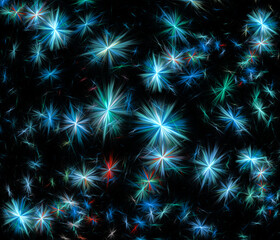 Bright colorful stars or snowflakes of different sizes on a black sky background. 3d rendering. 3d illustration. Abstract fractal background.