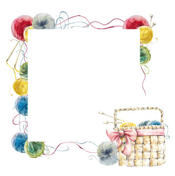 Watercolor Knitting frames, hand painted illustrations, colorfull  yarn balls in basket