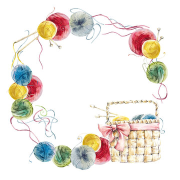 Watercolor Knitting frames, hand painted illustrations, colorfull  yarn balls in basket