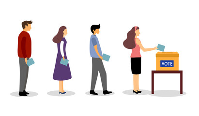 Obraz premium People putting a completed paper ballot into a polling box. Election Day in the country. Voting flat vector illustration. 