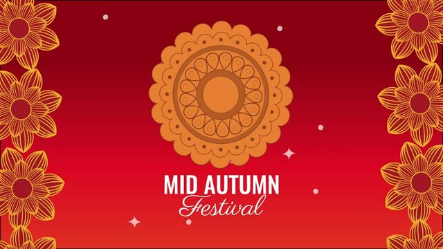 mid autumn festival lettering animation with lace and flowers decoration