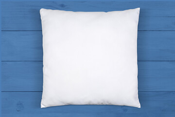 White Throw Pillow Mockup on Blue Wood Background