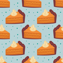 Autumn elements seamless pattern, texture. Pumpkin pie on light blue background. Cake, sweet food, baking. Thanksgiving.
