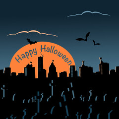 A Ghost town with black cats on the roofs. Moonrise. And the happy Halloween text. Vector illustration.