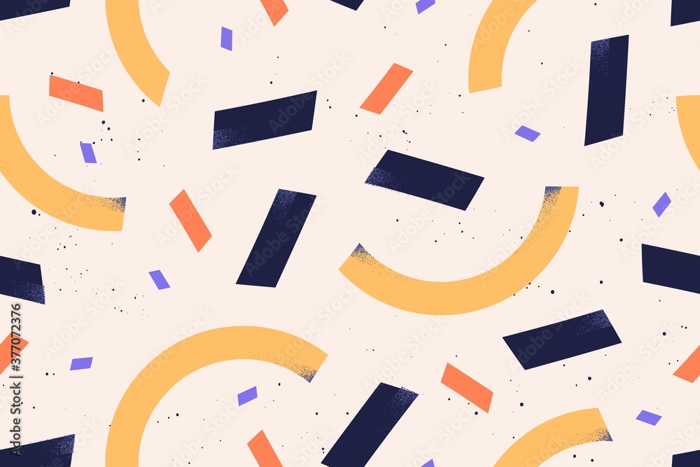 Poster Geometric simple shapes and figures vector flat illustration. Abstract textured rectangle and semicircle decorated by spatter seamless pattern. Creative contemporary minimalistic wallpaper.