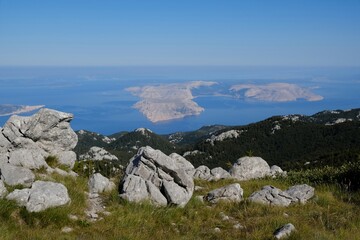 The beautiful Premuziceva Staza mountain path overlooking the Adriatic Sea and islands, Velebit National Park, Dinaric Mountains, Croatia