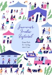 Summer indie festival colorful promo poster with place for text vector flat illustration. Announcement template of open air event with people enjoying outdoor entertainment at park isolated on white