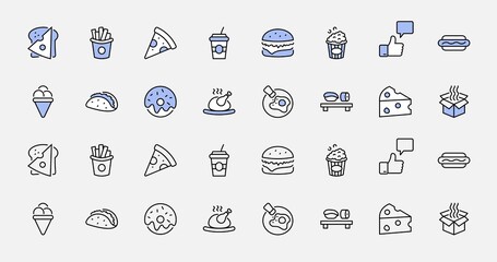 Set of Foods, Drinks Related Vector Line Icons. Contains such Icons as Pizza, Fries, Egg, Meat, Sushi, Chicken, Hamburger, Ice Cream, Donut, Soup, Sandwich, eggs and more. Editable Stroke. 32x32 Pixel