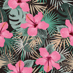 Seamless vector floral summer border with tropical palm leaves and hibiscus flowers. Perfect for wallpapers, web page backgrounds, surface textures, textile