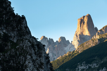 Naranjo de Bulnes, known as Picu Urriellu, from Camarmeña village at sunrise in Picos de Europa National Park, Asturias in Spain	