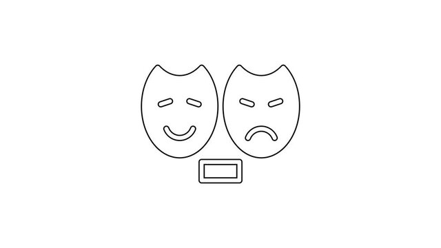 Black line Comedy and tragedy theatrical masks icon isolated on white background. 4K Video motion graphic animation.