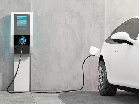 Futuristic electric car connected to the charging station to charge the battery against the background of a concrete wall. 3d render.