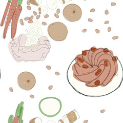 ingredients for carrot cake. flour, eggs, almond, sugar, carrots. vector eps 10. dessert, healthy foods, balanced nutrition, recipe. doodle, sketch. drawn with a pencil. pastel colors