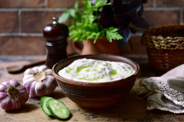 Tzatziki - traditional greek yogurt sauce with cucumber, garlic and dill.