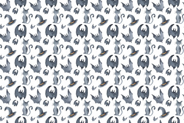 Seamless pattern of bat, cat,hat for Happy Halloween. Hand drawn watercolour painting on orange clip art graphic elements for creative design, printable decor, textiles, wrapping paper.