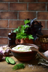 Tzatziki - traditional greek yogurt sauce with cucumber, garlic and dill.