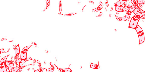 British pound notes falling. Messy GBP bills on wh