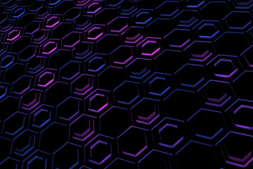 Hexagon network glowing neon .Futuristic concept.3d illustration and rendering.