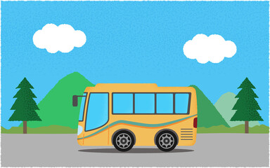 山沿いの道を進む黄色い観光バスのベクターイラスト