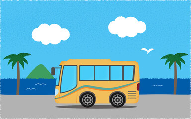 海沿いの道を進む黄色い観光バスのベクターイラスト