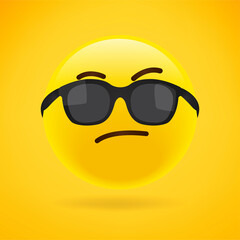 Smiling Face with Sunglasses.summer sun protection. Realistic yellow emoticon in front of a yellow background, vector illustration.
