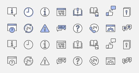 Set of Help And Support Vector Line Icons. Contains such Icons as Handbook, Book, Online Help, Tech Support and more. Editable Stroke. 32x32 Pixels