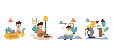 Working at home, concept illustration. Freelance people working on laptops and computers from home. Flat style vector illustration of character working from home.