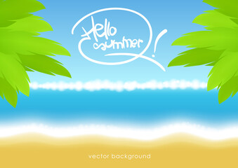 Fototapeta na wymiar Vector Summer tropical background with beach, sea and palm leaves