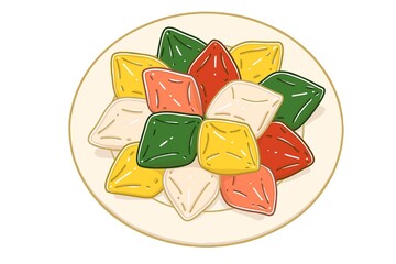 Songpyeon is a traditional Korean food made of rice powder. It is a type of tteok, small rice cakes, traditionally eaten during the Korean autumn harvest festival, Chuseok. Vector illustration.