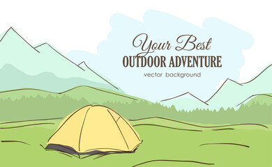 Vector illustration: Hand-drawn Mountains landscape with yellow tent. Line style. Flat design