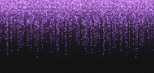 Glitter rain, purple stardust, bright violet sparkles isolated on a dark background. Valentine's Day decoration, abstract falling shiny particles, isolated vector light effect. Luxury decor. © Likanaris
